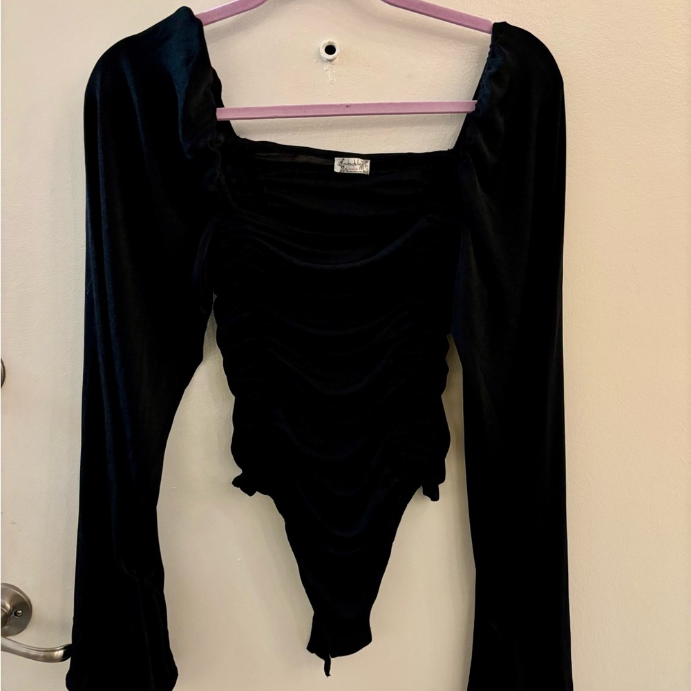 Free People Black Ruched Puff Sleeve Bodysuit